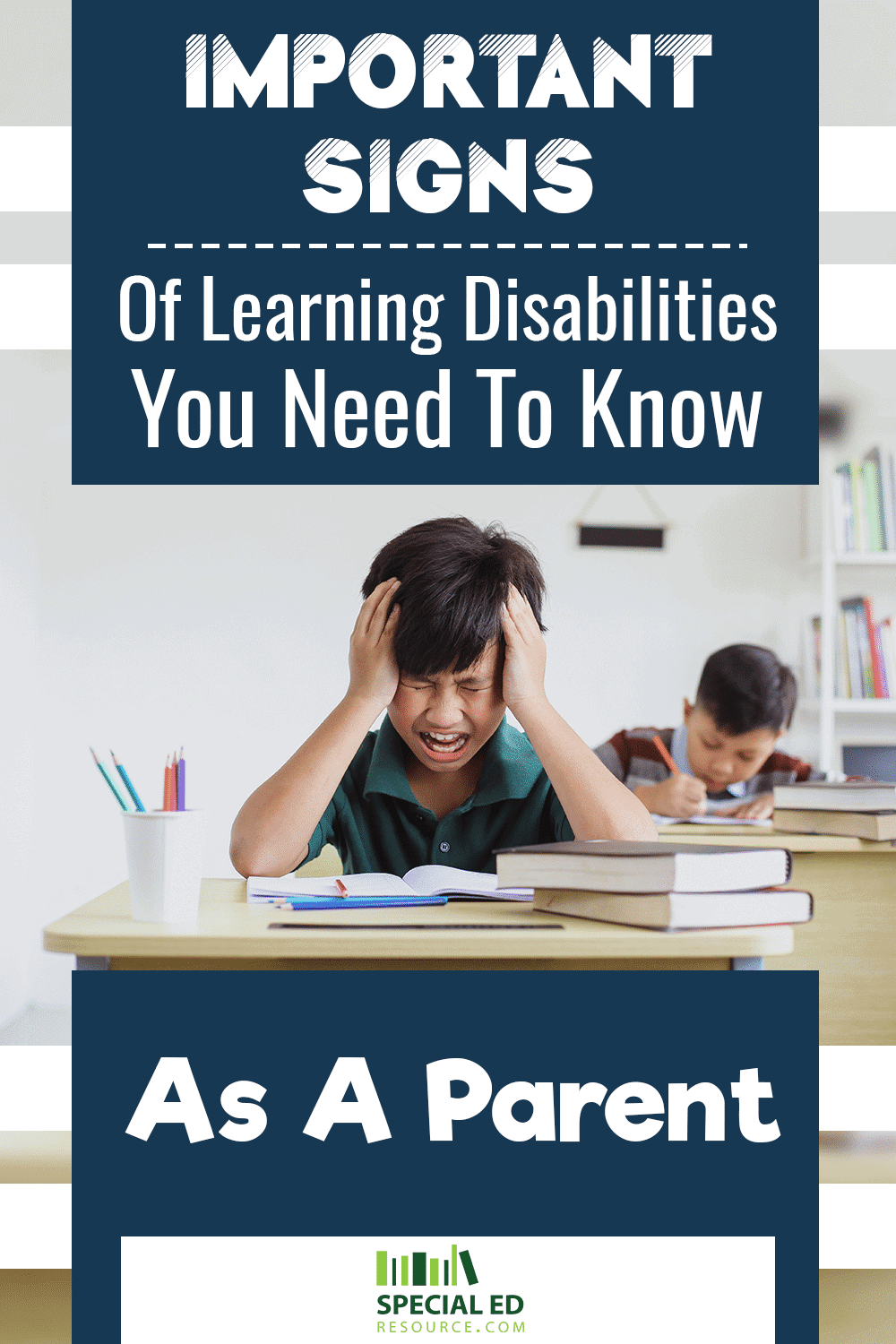 Frustrated child in the classroom at school showing signs of learning disabilities.