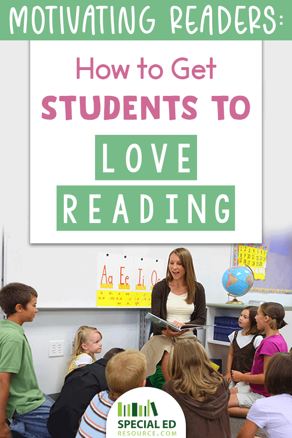 Teacher motivating readers in the front of her classroom sitting in a chair surrounded by her students on the carpet. 