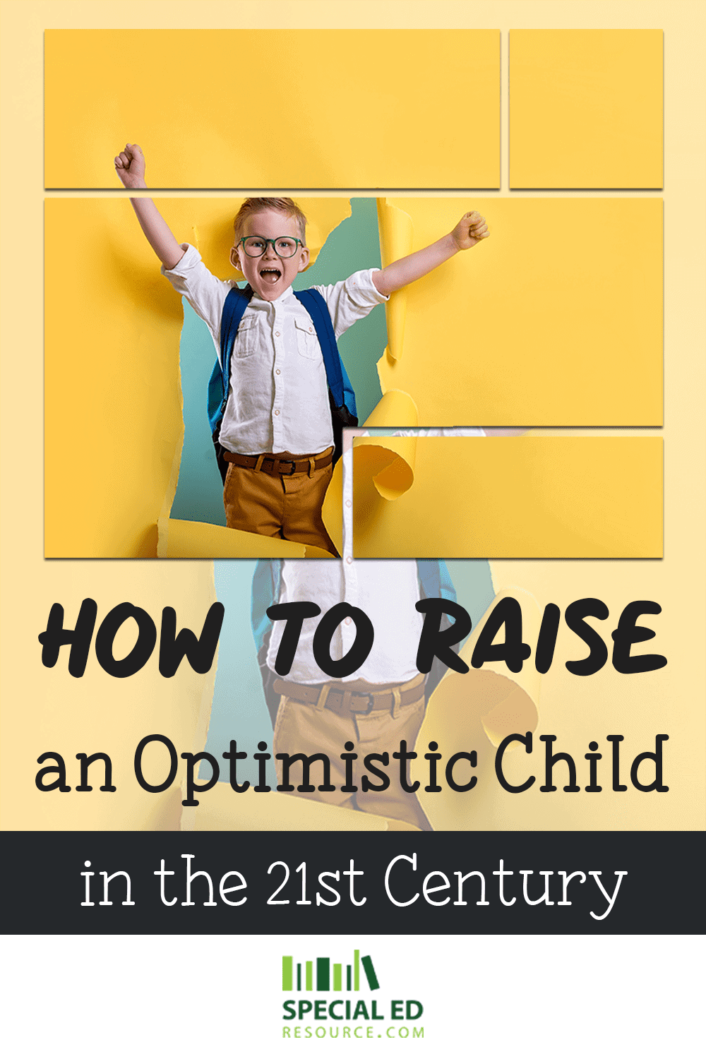 An optimistic child wearing a backpack busting through a yellow paper wall. 