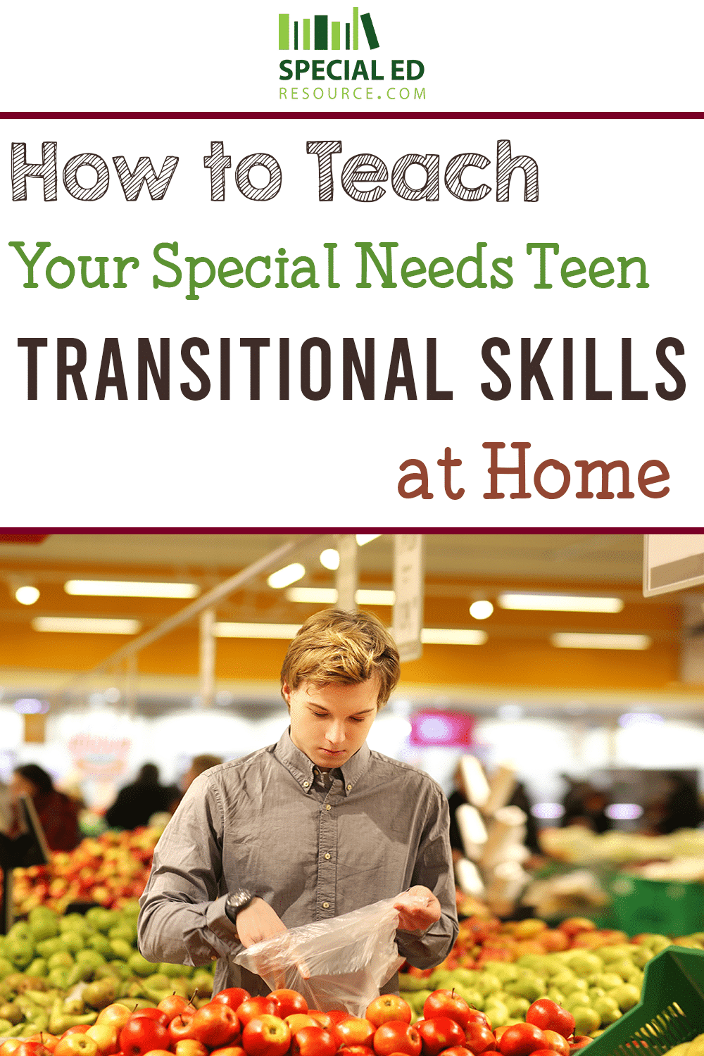 A special needs teenage boy picking out produce at the grocery store; one of a few transitional skills his parents are teaching him at home.