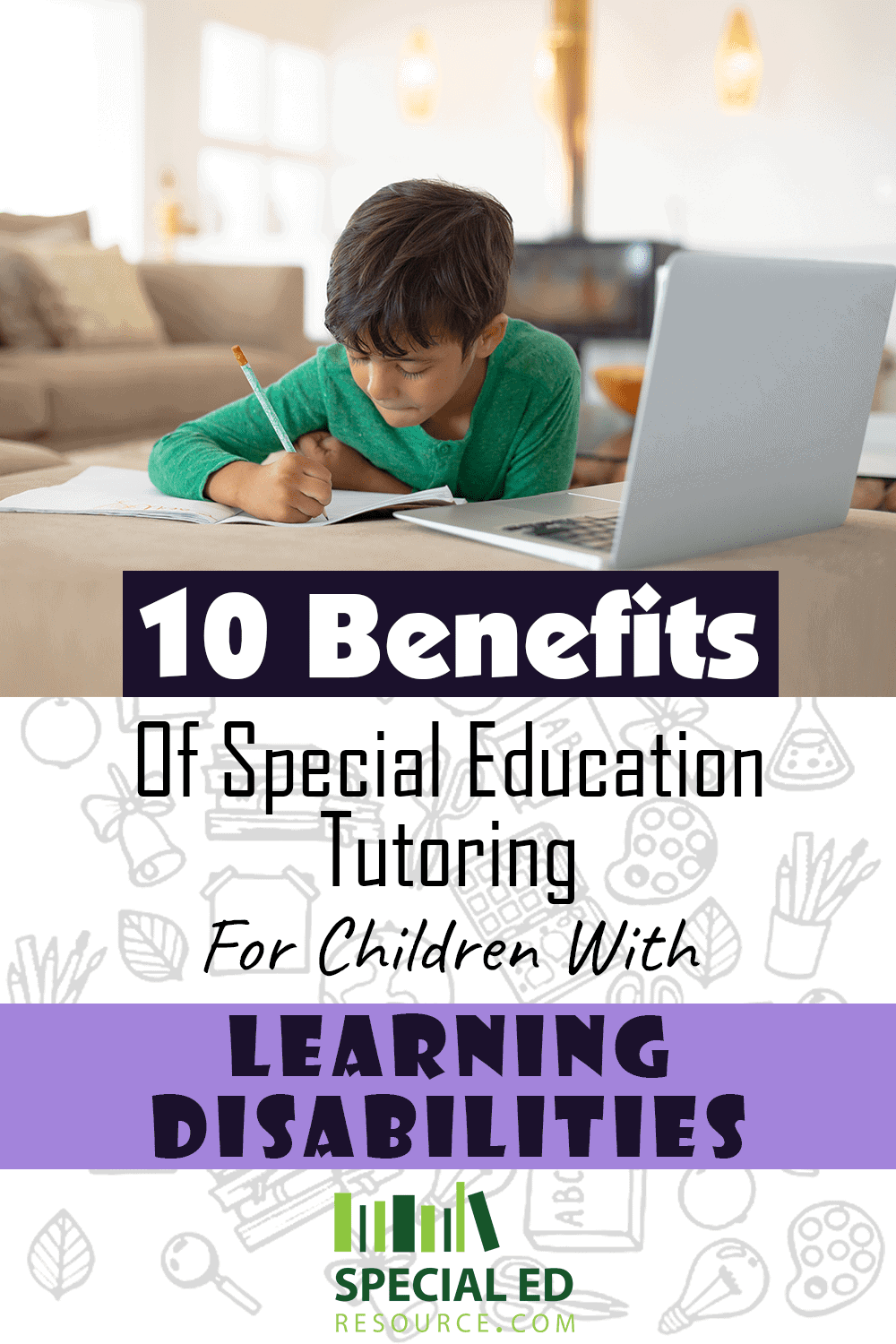 A boy doing his schoolwork at home online with his special education tutoring for children with learning disabilities program.