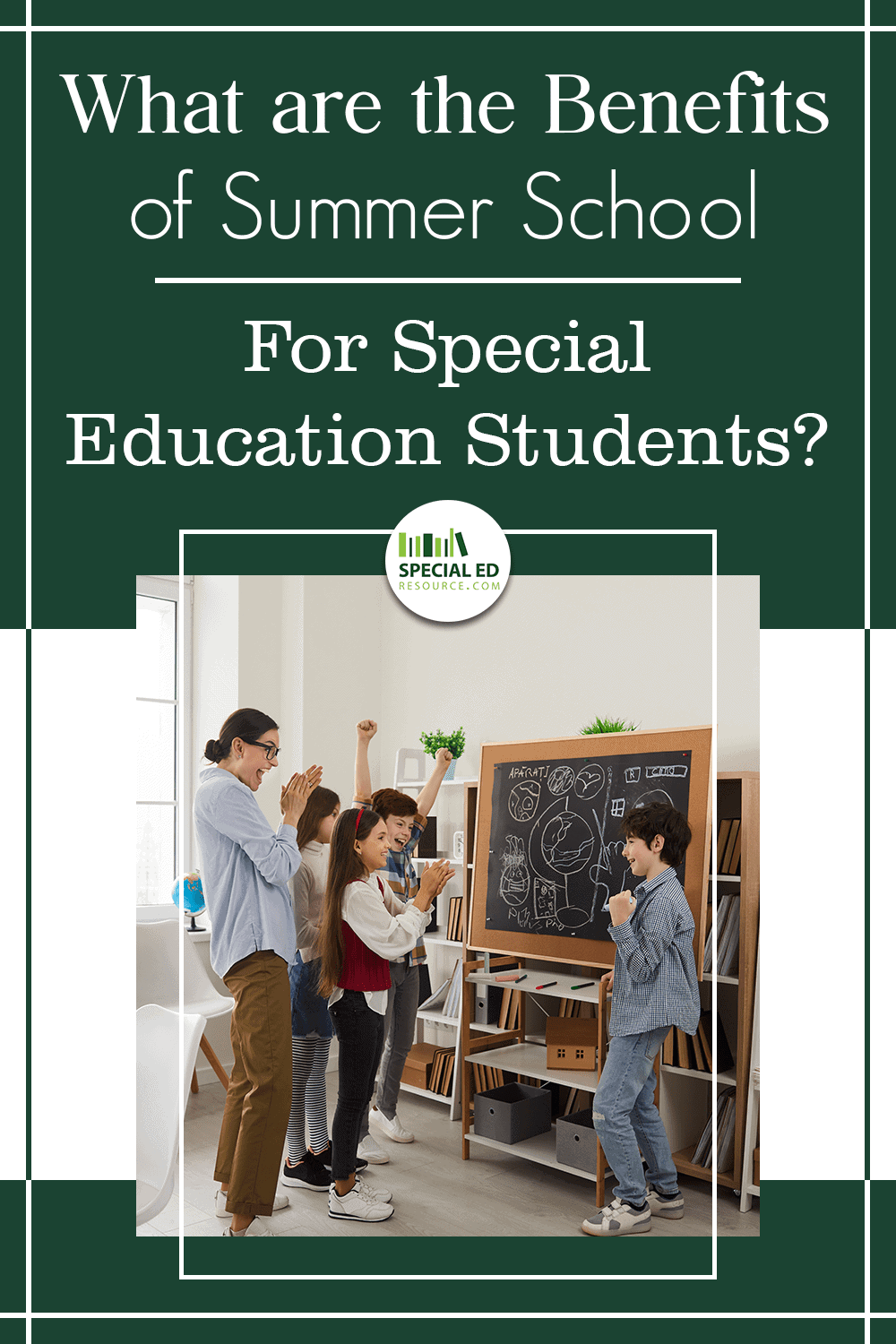 Special education students at the chalkboard are excited about learning at summer school with their teacher.
