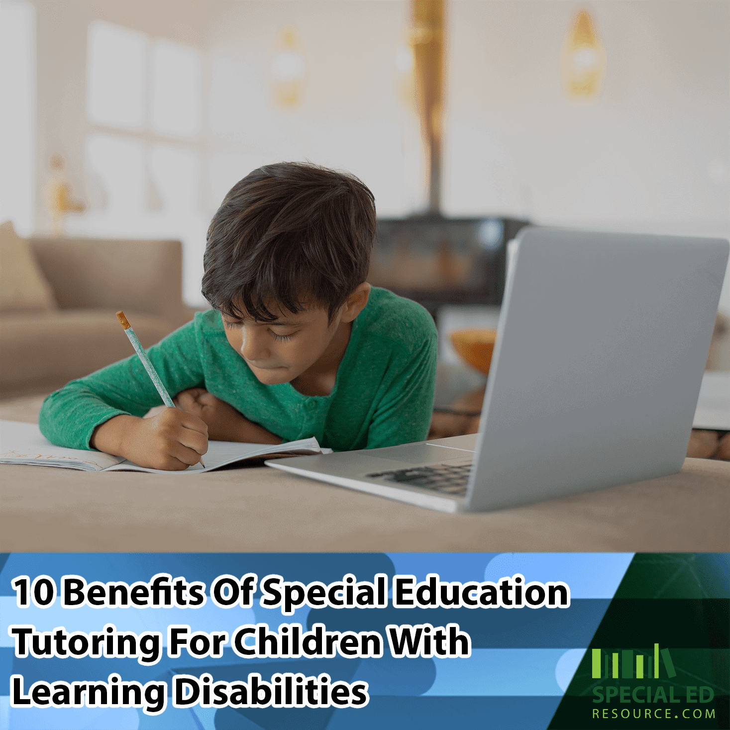A boy doing his schoolwork at home online with his special education tutoring for children with learning disabilities program. 