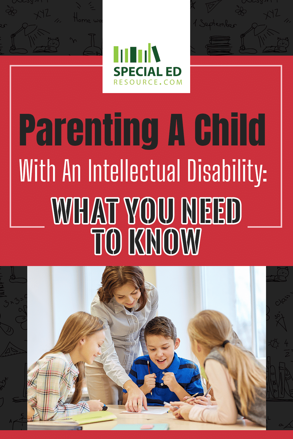 A caring special education teacher attentively guiding a student with an intellectual disability during a classroom activity.