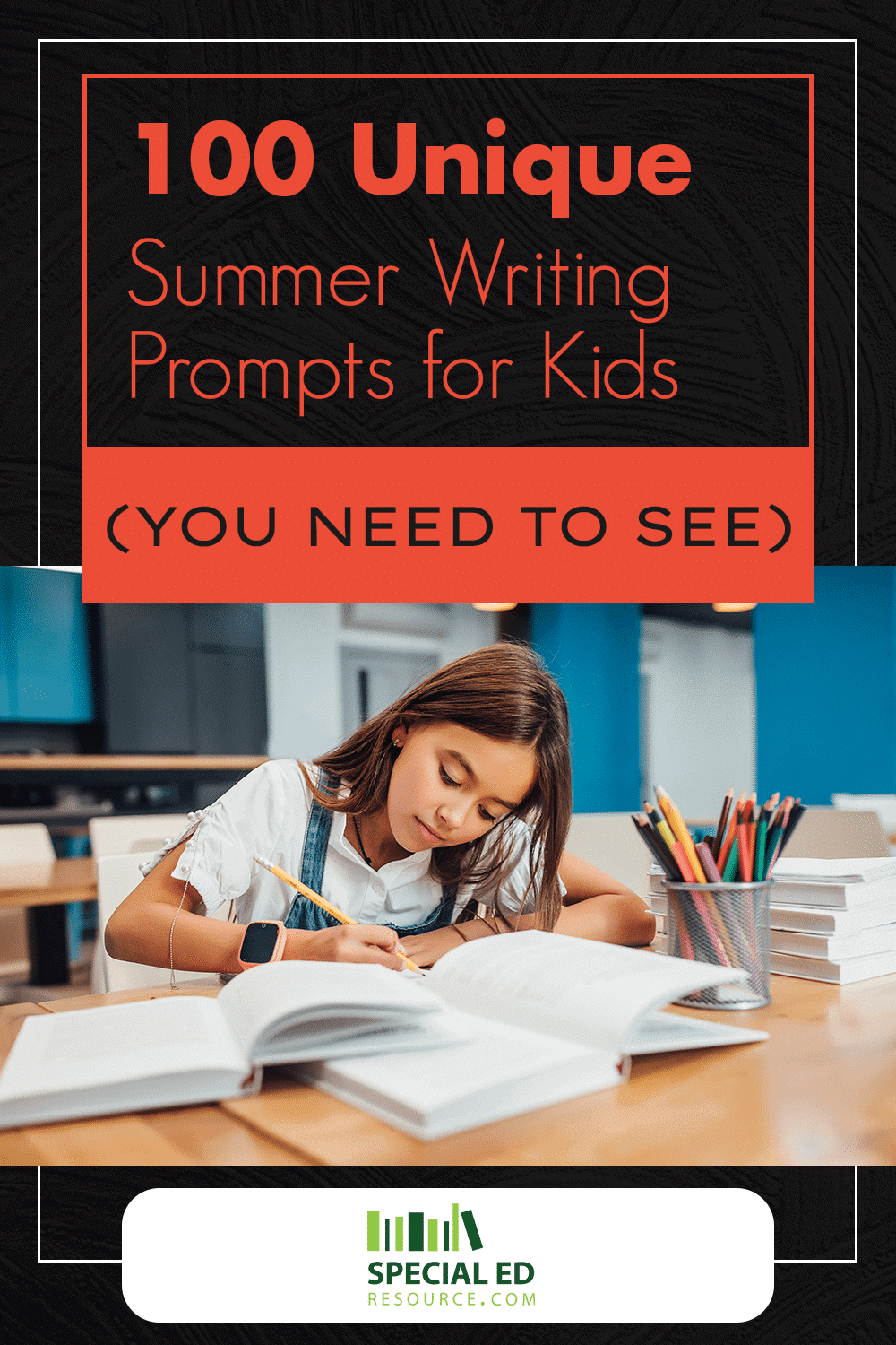 Young girl sitting at desk in her room at home doing one of these 100 Summer writing prompts for kids.
