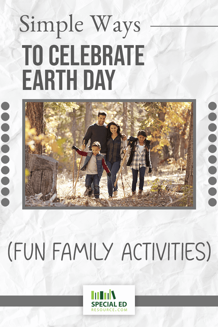 A family of four hiking through a sunlit forest, with the parents holding hands with their young son and daughter, illustrating an article titled 'Simple Ways to Celebrate Earth Day (Fun Family Activities)' on SpecialEdResource.com