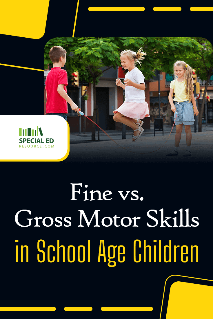 Three children playing outdoors. One girl is jumping rope while another child swings the rope and a third child watches. The background features trees and buildings, suggesting an urban or suburban setting. Overlaid text reads, "Fine vs. Gross Motor Skills in School Age Children," with the "Special Ed Resource" logo visible in the top left corner.