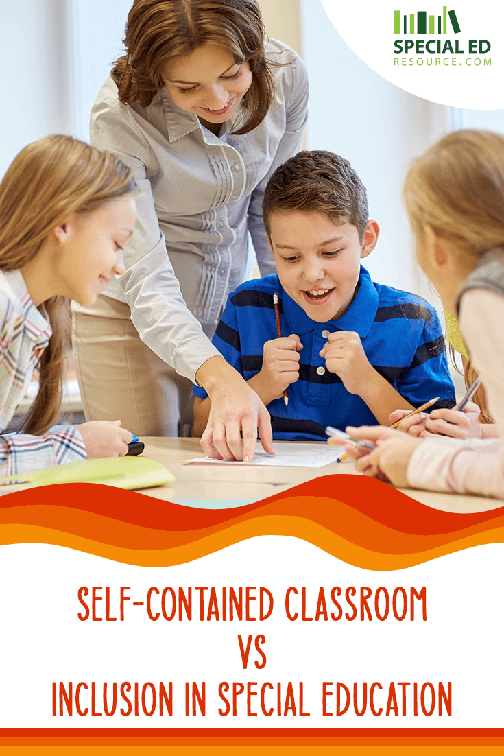 A teacher leans over a table, engaging with a group of young students smiling and working together on an activity in a general education classroom. The text overlay reads, "Self-Contained Classroom vs Inclusion in Special Education," in bold red font with an orange and yellow wavy border design below. The logo "Special Ed Resource" is visible in the top-right corner.