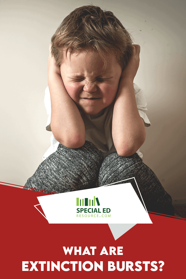 A young boy with tousled brown hair sits against a plain wall, squeezing his eyes shut and covering his ears with his hands, appearing to be in the middle of a tantrum. The image includes a red and white banner at the bottom with bold text that reads, 'What are Extinction Bursts?' The Special Ed Resource logo is placed above the text in a white speech bubble-like design.