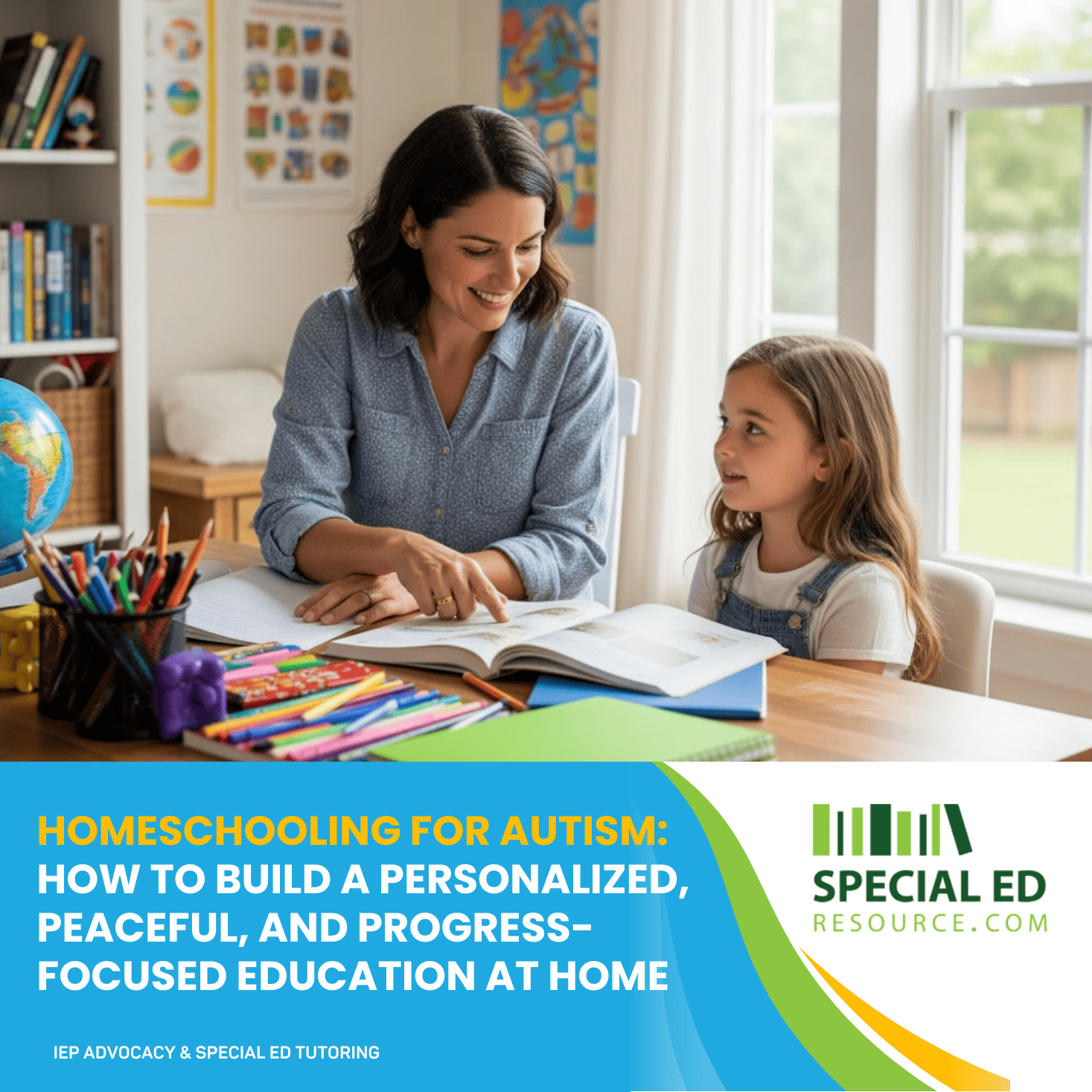 Parent teaching autistic child at home in peaceful homeschool setting